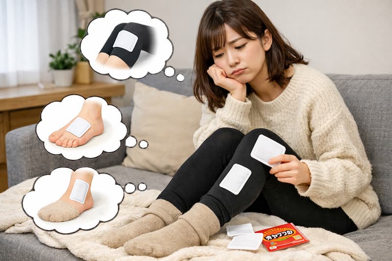 ホッカイロを貼る場所に悩む様子