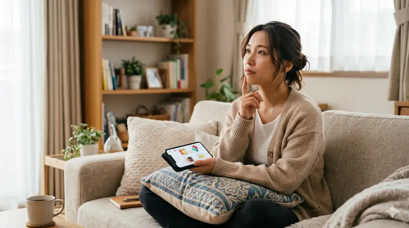 ソファで考える女性