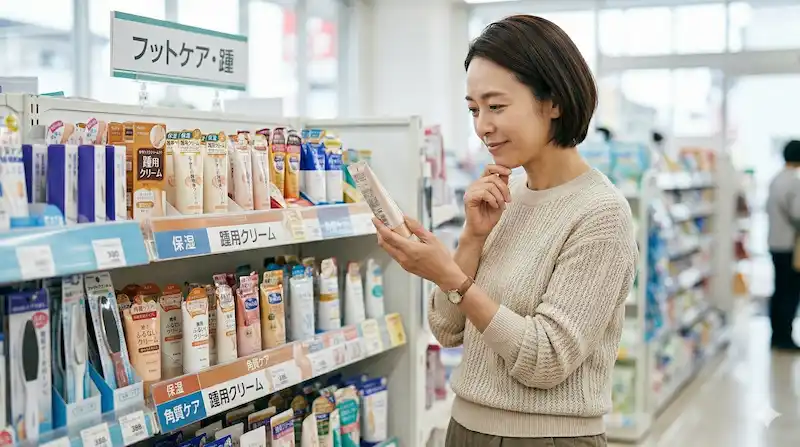 かかと用クリームを選ぶ女性の様子