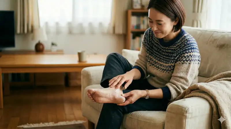 かかとにクリームを塗る様子