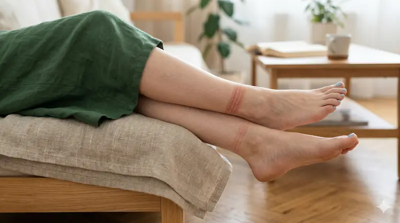 足に靴下の締め付け跡がついている様子