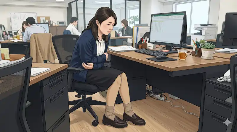 オフィスで足元が冷えて困っている女性の様子