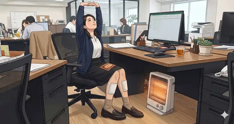 オフィスで足もとを温める対策をした女性の様子