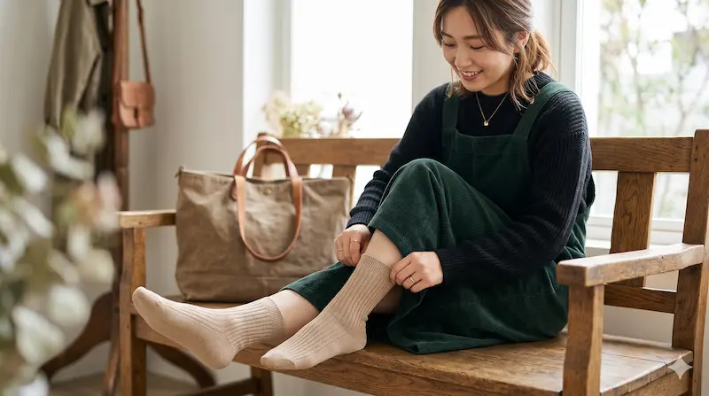 靴下を履いて出かける準備をする様子
