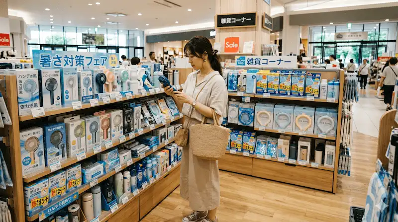 暑さ対策グッズを選ぶ女性の様子