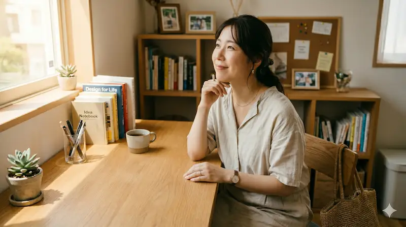 女性が楽しく考え事をする様子