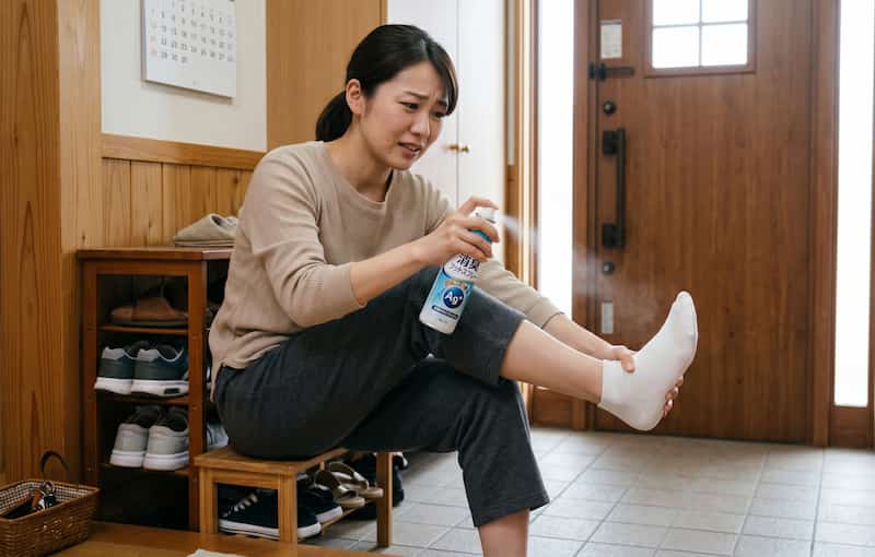 足にスプレーをしている様子