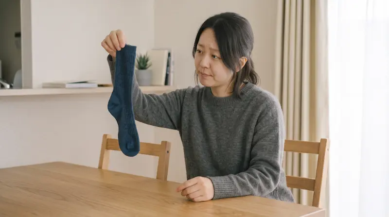 伸びた靴下がまだ履けるか悩んでいる様子