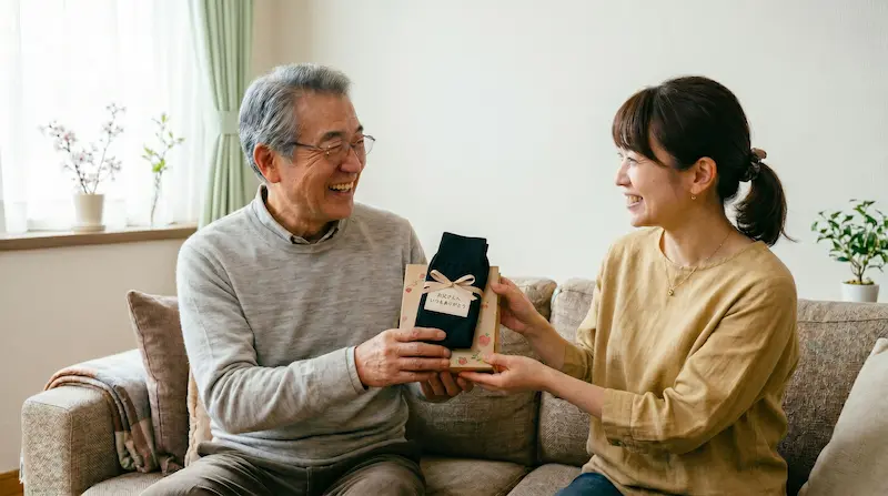 お父さんに靴下をプレゼントする様子