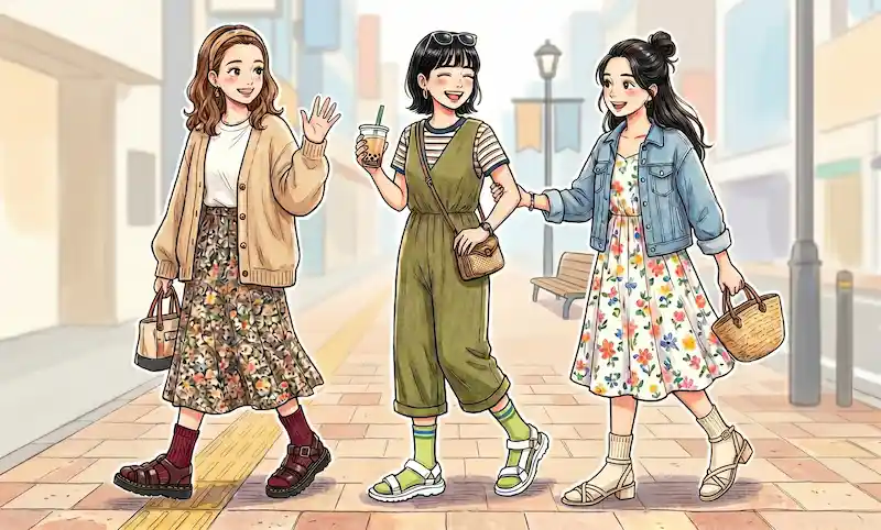 サンダルに靴下を合わせた女性のイラスト